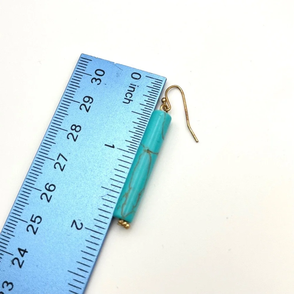 Faux Turquoise‎ Cylinder Bar Drop Earrings Gold Tone Wire Hooks Blue Marbled
